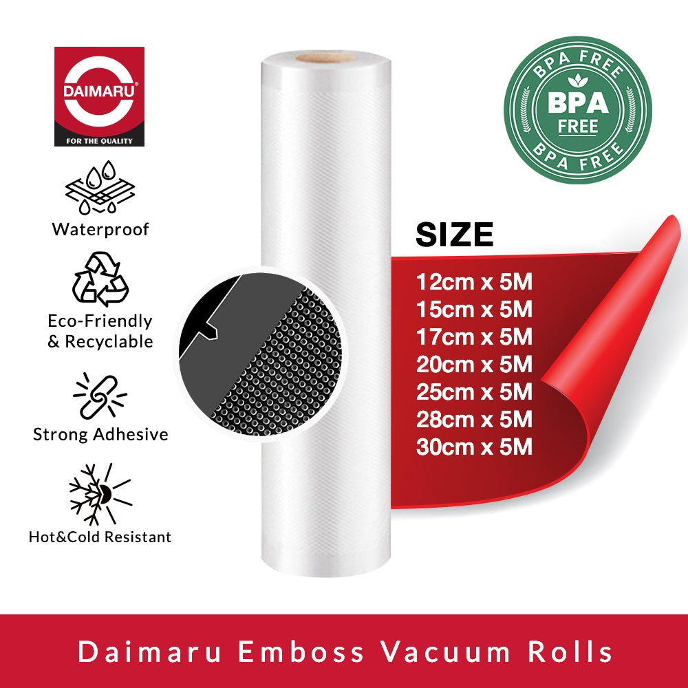 Daimaru Plastik Vacuum Embossed Sealer Roll 12,15,17,20,25,28,30cmx5M Tebal 95 Mic BPA Free Anti Toxic untuk Makanan Kering & Moist