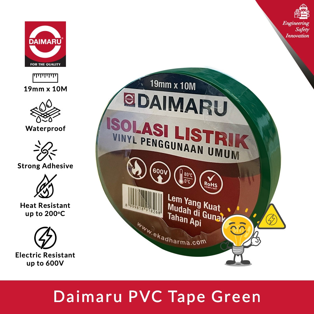 Daimaru PVC Insulation Tape Green 19mm x 10M Isolasi Listrik Hijau Tahan Suhu & Kelembapan Lem Kuat Elastisitas Optimal untuk Industri dan Rumah Tangga