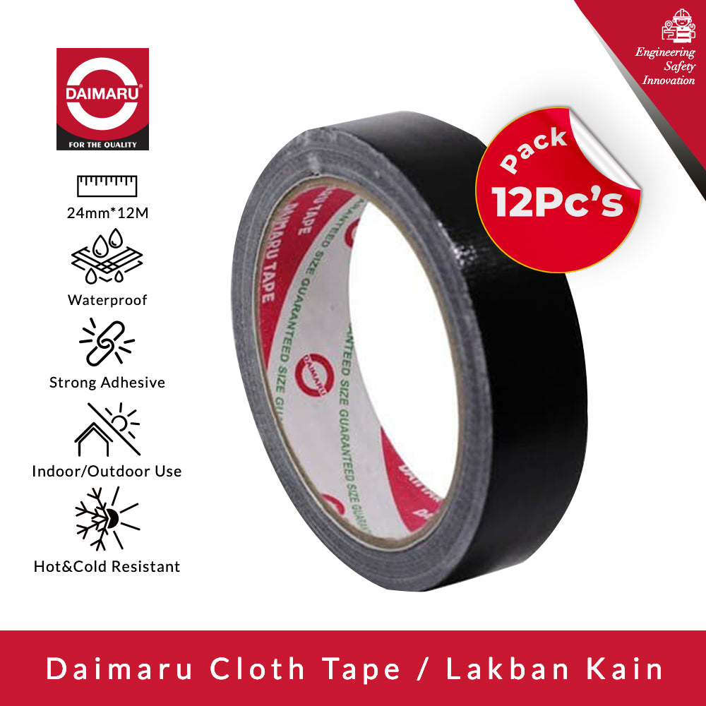 Daimaru Cloth Tape Black 24mm x 12M isi 12Pcs Lakban Kain Hitam Kuat Serbaguna Untuk Repair Penjilidan Kebutuhan Kantor