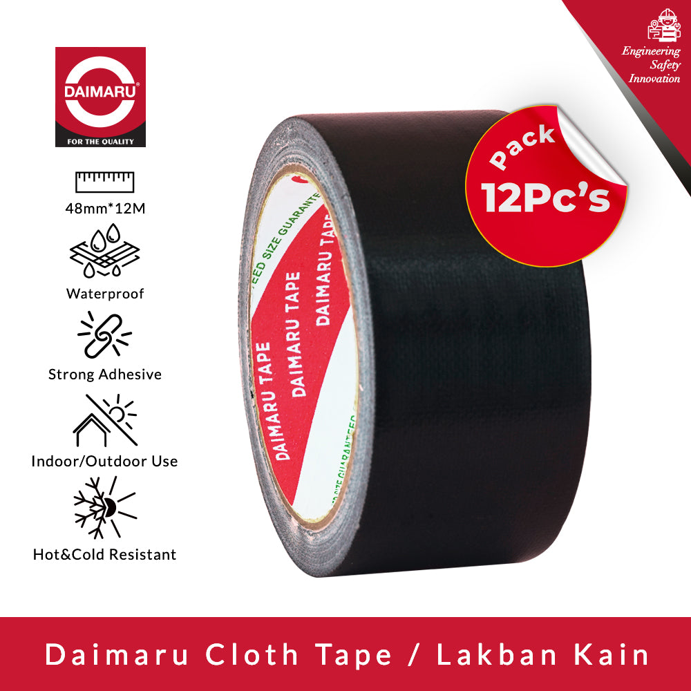 Daimaru Cloth Tape Black 48mm x 12M Lakban Kain Hitam Kuat Tahan Air untuk Kargo dan Penjilidan Buku 12Pcs