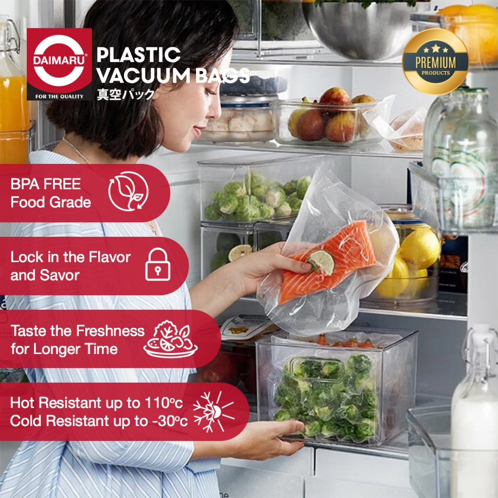 Daimaru Plastik Vacuum Sealer Embossed 10x15cm/25x30cm/25x30CM 100 Lembar Tebal 95 Mic BPA Free Makanan Kering & Moist