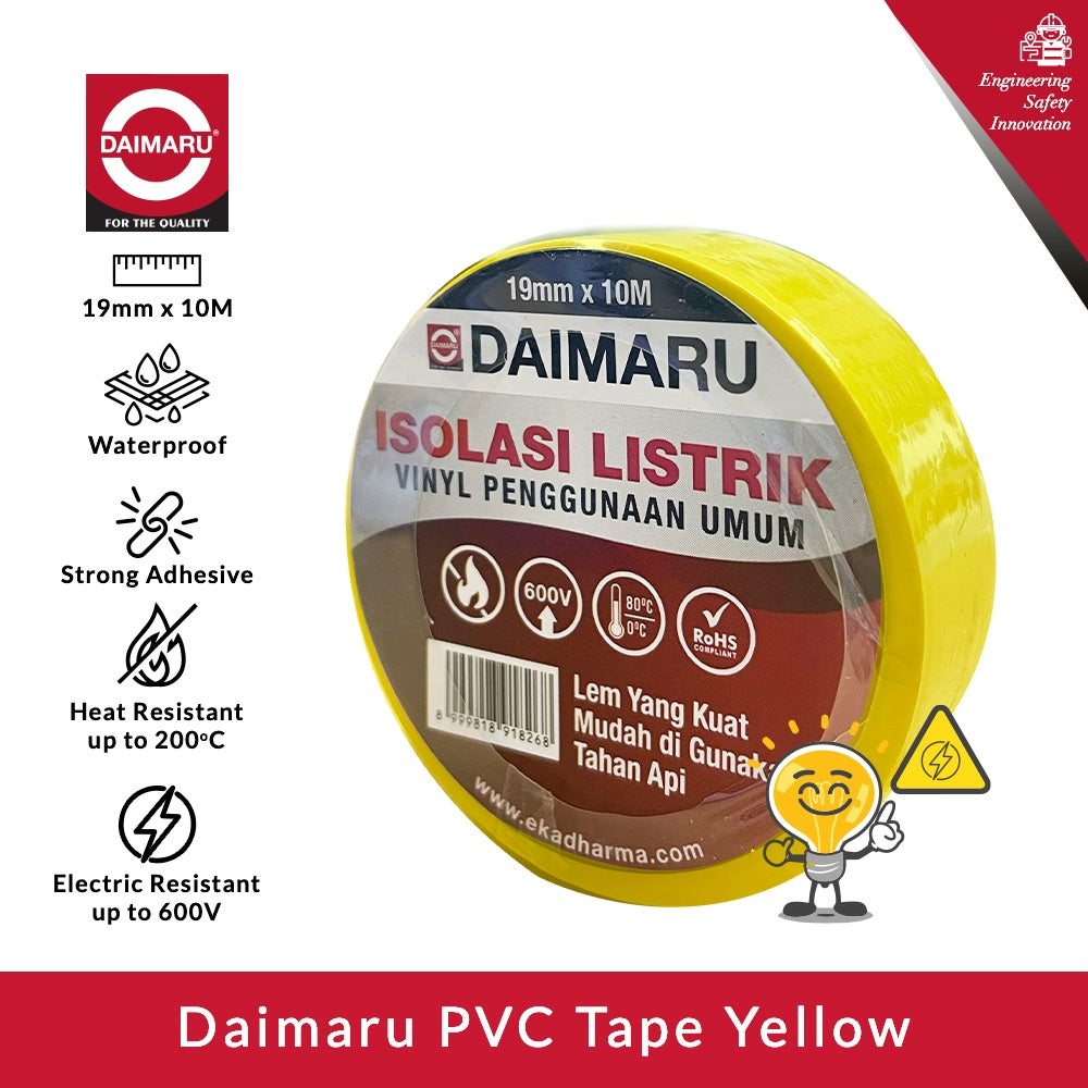 Daimaru PVC Insulation Tape Yellow 19mm x 10M Isolasi Listrik Kuning Tahan Suhu & Kelembapan untuk Industri & Rumah Tangga