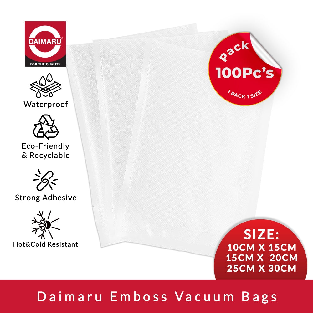Daimaru Plastik Vacuum Sealer Embossed 10x15cm/25x30cm/25x30CM 100 Lembar Tebal 95 Mic BPA Free Makanan Kering & Moist