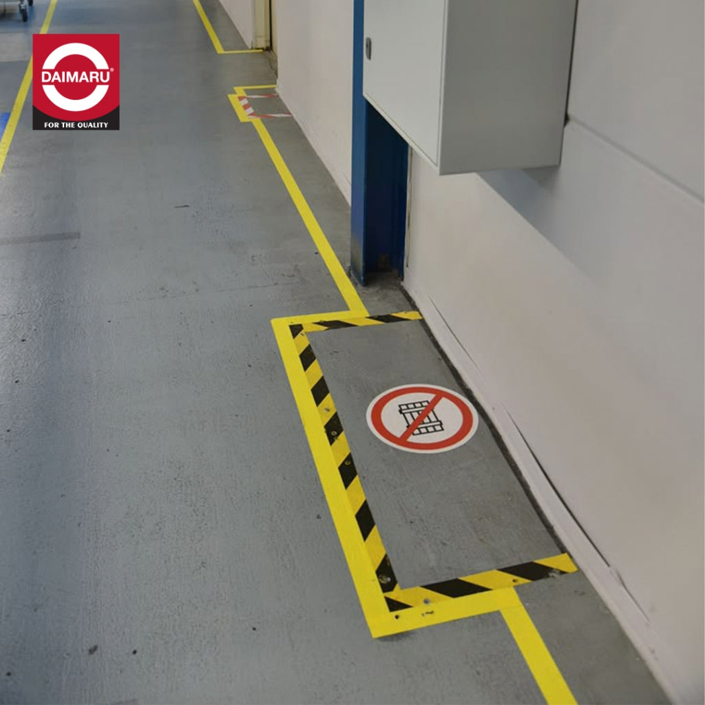 Daimaru  Floor Marking Tape PVC Yellow Black Stripe Lakban Penanda Lantai Hitam Kuning Bergaris 48mm x 27M Hazard