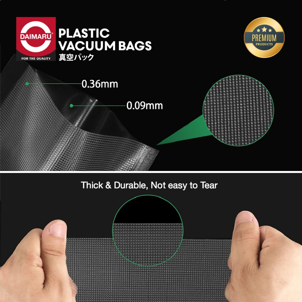 Daimaru Plastik Vacuum Sealer Embossed 10x15cm/25x30cm/25x30CM 100 Lembar Tebal 95 Mic BPA Free Makanan Kering & Moist
