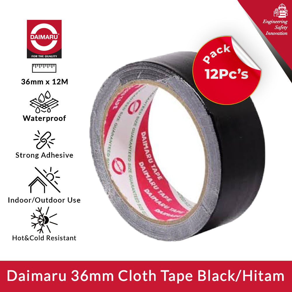 Daimaru Cloth Tape Black 36mm x 12M  Lakban Kain Hitam isi 12Pcs Single Side Adhesive Natural Rubber Adhesive Waterproof dan Tahan Panas Dingin