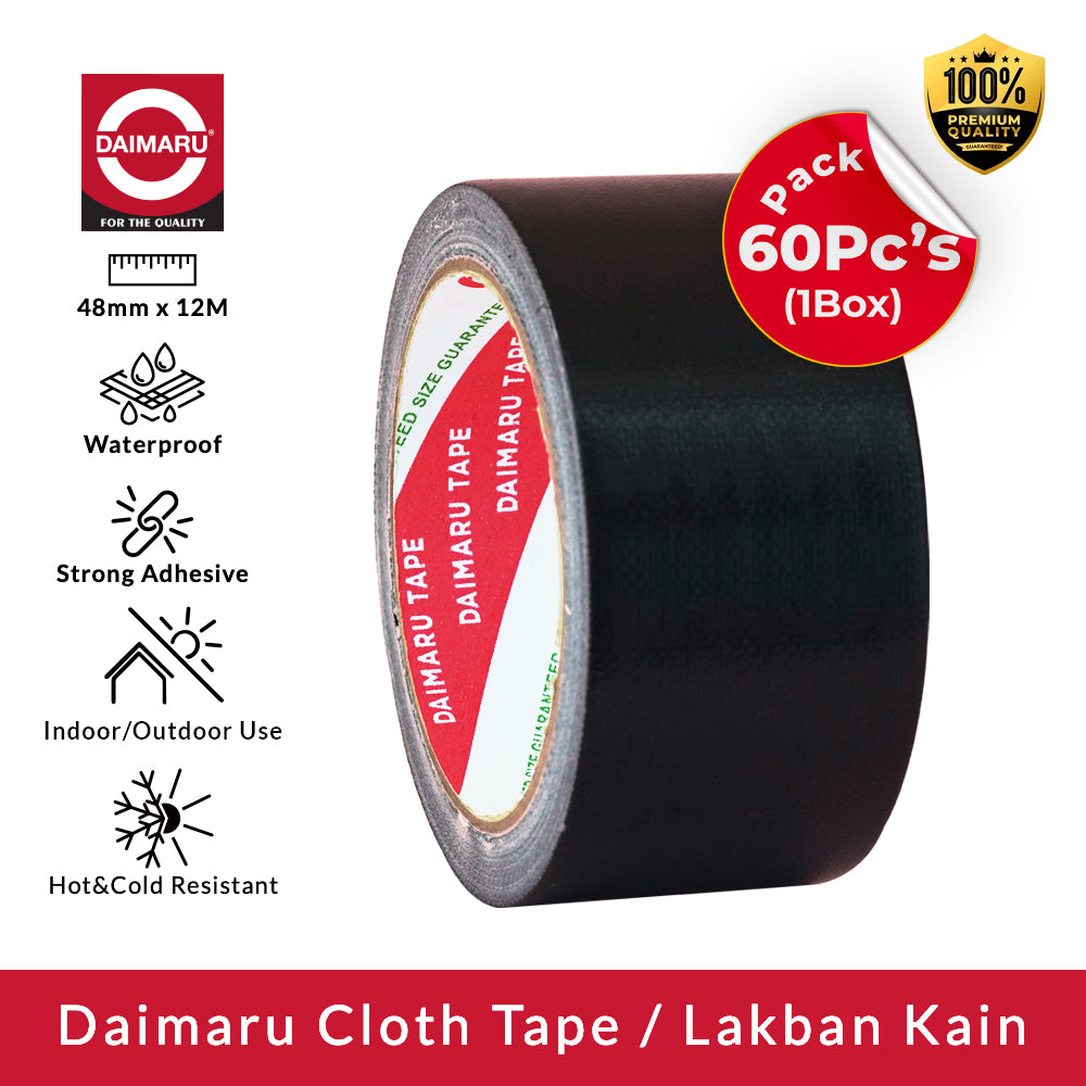 Daimaru Cloth Tape Black 48mm x 12M Lakban Kain Hitam Kuat Tahan Air untuk Kargo dan Penjilidan Buku 60Pcs 1 Dus