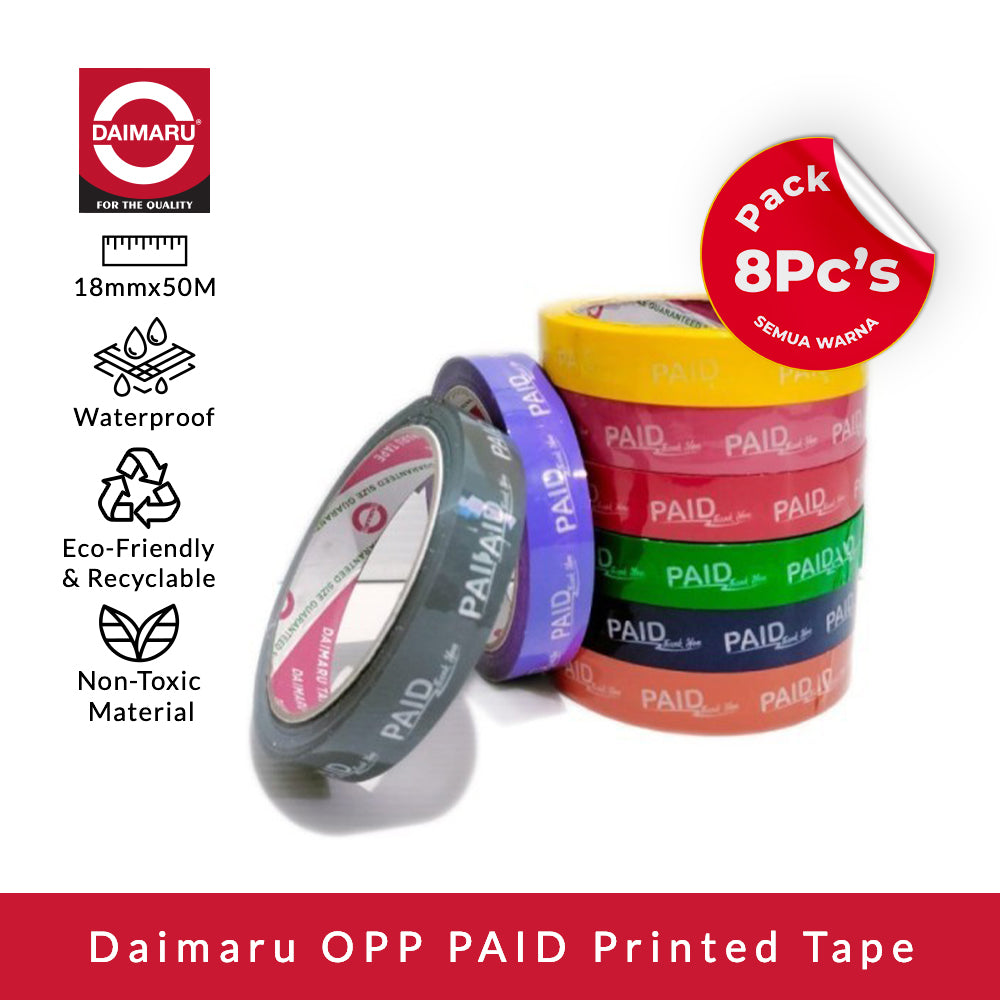 Daimaru Tape Segel PAID THANK YOU 19mm x 50M 8Pcs (Semua Warna, 8 Warna)