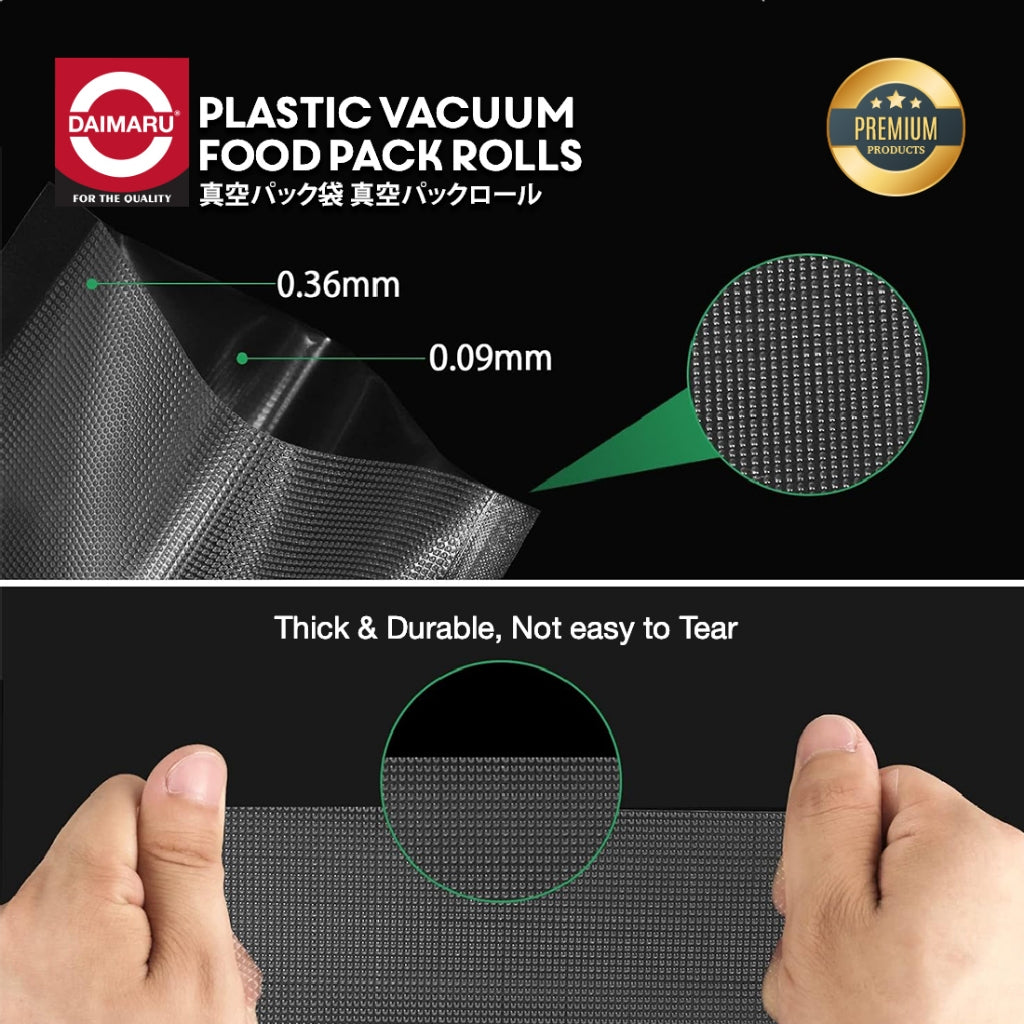 Daimaru Plastik Vacuum Embossed Sealer Roll 12,15,17,20,25,28,30cmx5M Tebal 95 Mic BPA Free Anti Toxic untuk Makanan Kering & Moist