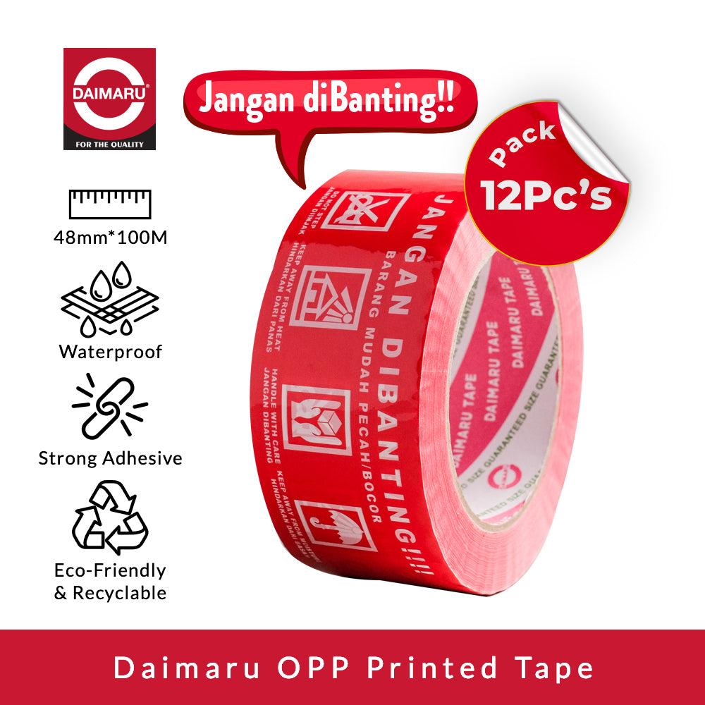 Daimaru OPP Printed Tape Lakban Jangan Dibanting 48mm x 100M isi 12Pcs Merah Putih Single Side Adhesive Waterproof Eco-Friendly