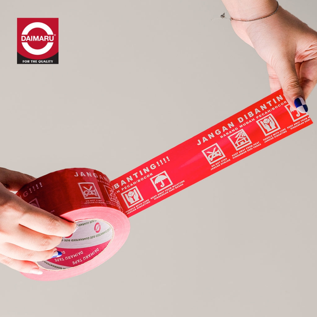 Daimaru OPP Printed Tape Lakban Jangan Dibanting 48mm x 100M isi 48Pcs Merah Putih Single Side Adhesive Waterproof Eco-Friendly