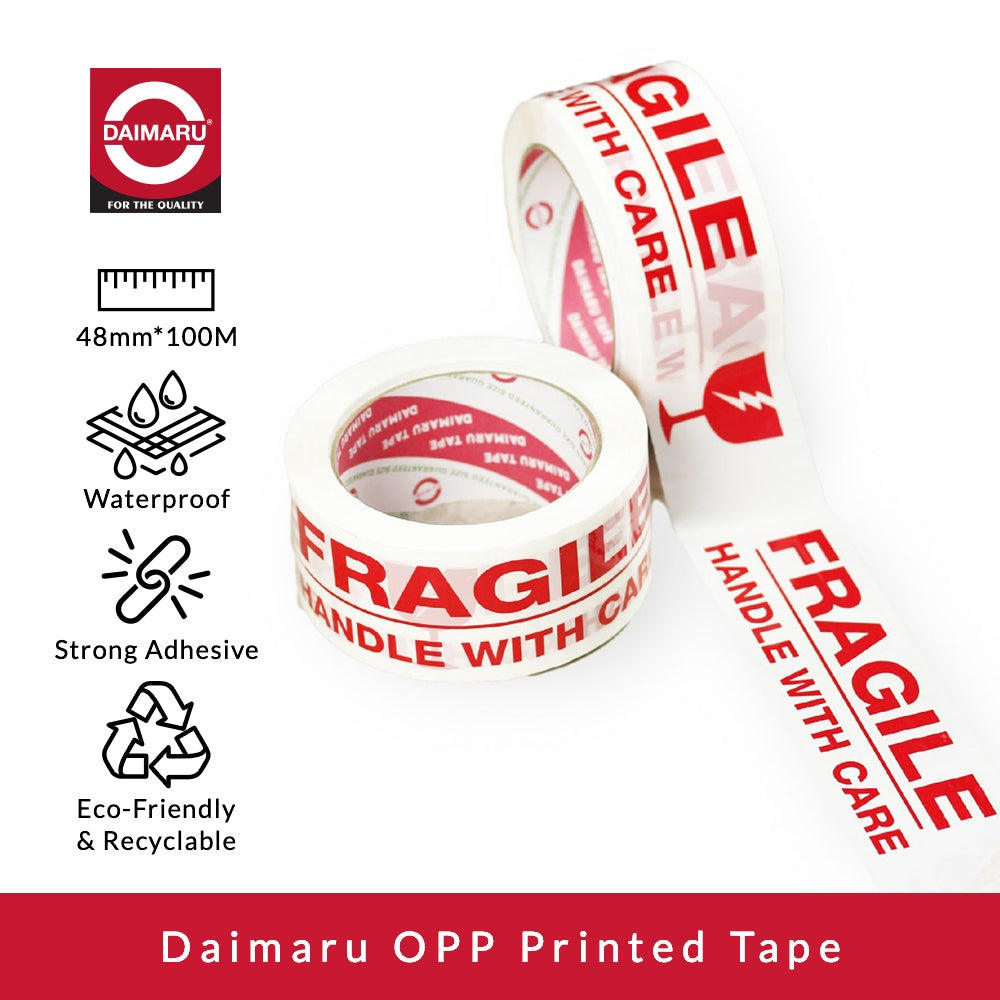 Daimaru OPP Printed Tape Lakban Fragile 48mm x 100M Tahan Air, Lem Kuat, Warna Putih, Tulisan Merah, untuk Pengepakan & Segel Dus