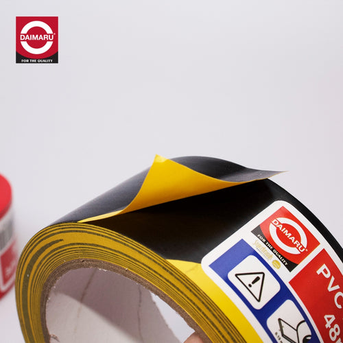 Daimaru  Floor Marking Tape PVC Yellow Black Stripe Lakban Penanda Lantai Hitam Kuning Bergaris 48mm x 27M Hazard