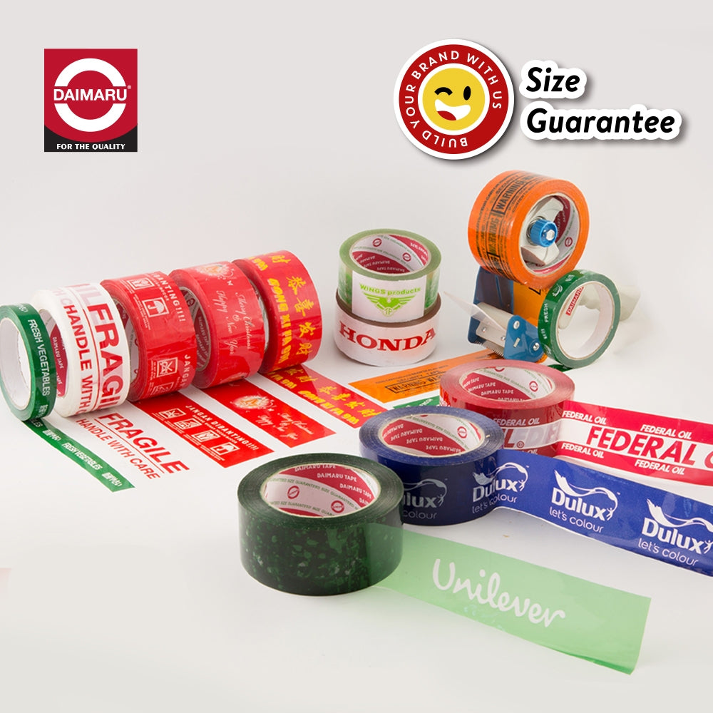 Daimaru OPP Printed Tape Lakban Fragile 48mm x 100M Tahan Air, Lem Kuat, Warna Putih, Tulisan Merah, untuk Pengepakan & Segel Dus