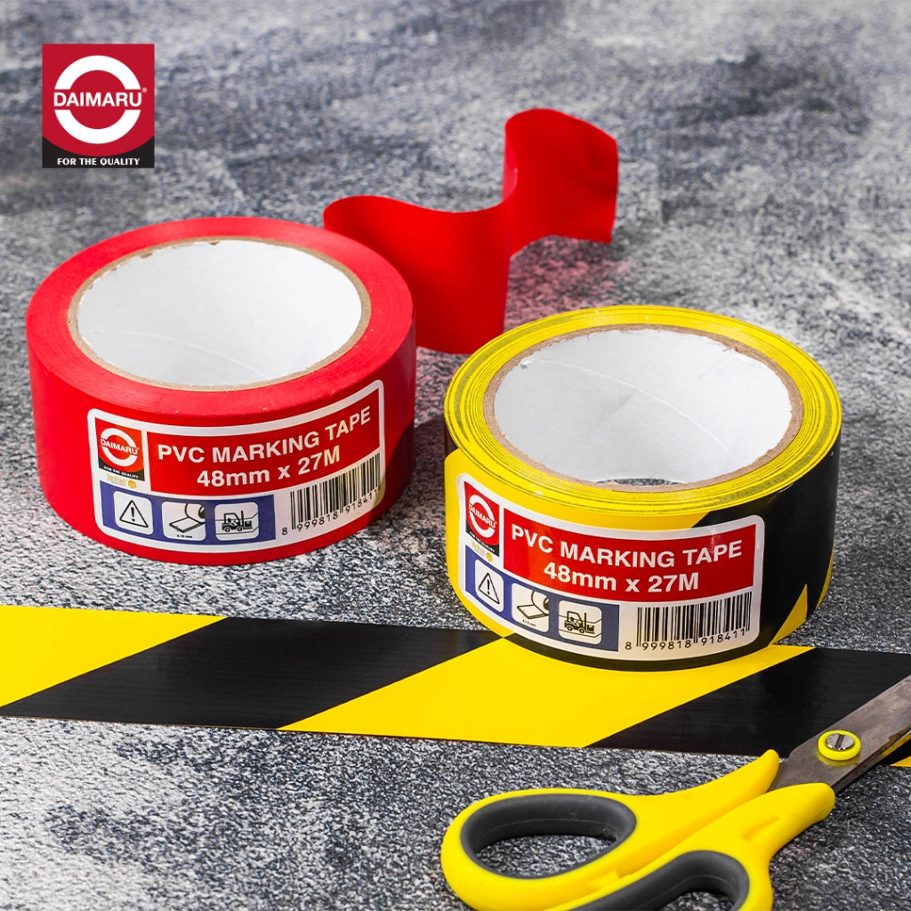 Daimaru  Floor Marking Tape PVC Yellow Black Stripe Lakban Penanda Lantai Hitam Kuning Bergaris 48mm x 27M Hazard