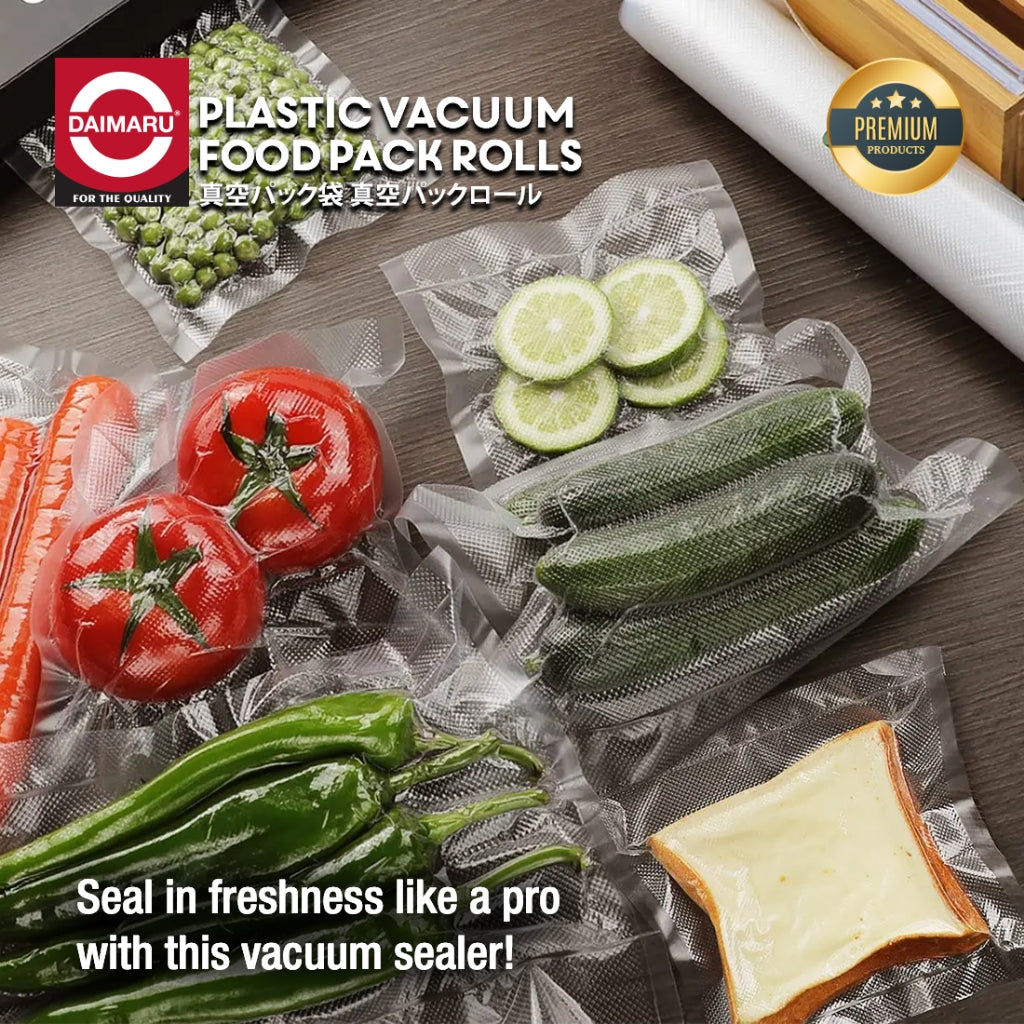 Daimaru Plastik Vacuum Embossed Sealer Roll 12,15,17,20,25,28,30cmx5M Tebal 95 Mic BPA Free Anti Toxic untuk Makanan Kering & Moist