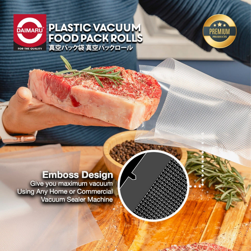 Daimaru Plastik Vacuum Embossed Sealer Roll 12,15,17,20,25,28,30cmx5M Tebal 95 Mic BPA Free Anti Toxic untuk Makanan Kering & Moist