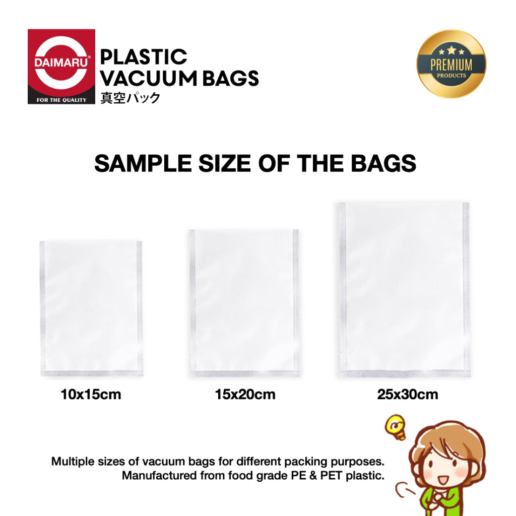 Daimaru Plastik Vacuum Sealer Embossed 10x15cm/25x30cm/25x30CM 100 Lembar Tebal 95 Mic BPA Free Makanan Kering & Moist