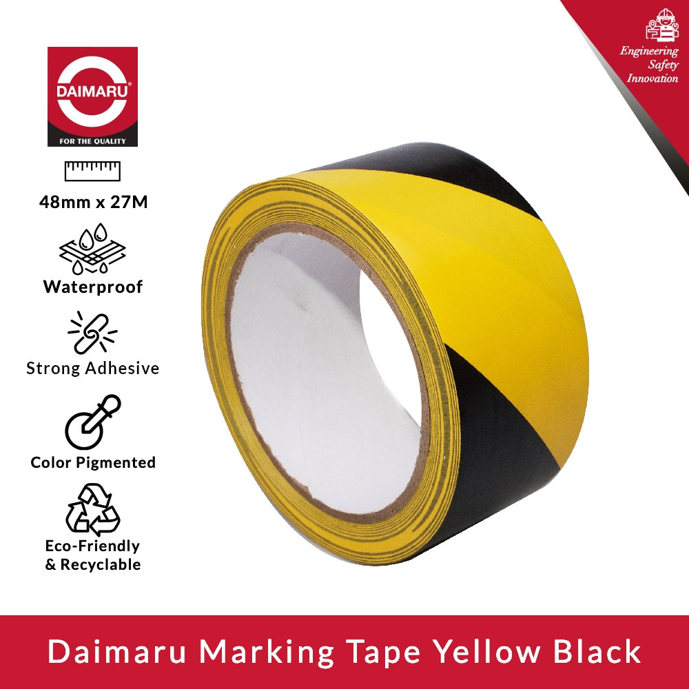Daimaru  Floor Marking Tape PVC Yellow Black Stripe Lakban Penanda Lantai Hitam Kuning Bergaris 48mm x 27M Hazard