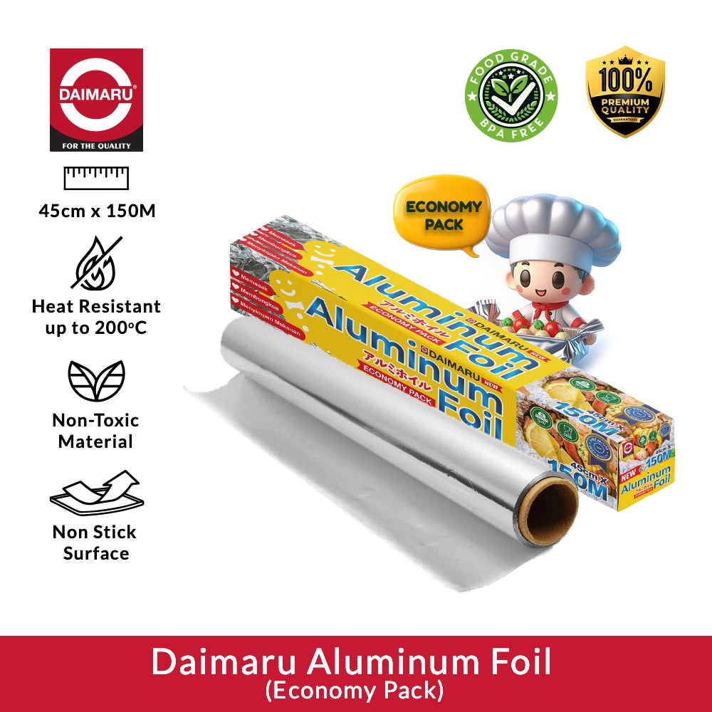 Daimaru Aluminium Foil Economy Pack 45cm x 150M tahan panas hingga 200°C, bahan aman non-toksik dan anti lengket, cocok untuk dapur, restoran, dan Horeca.