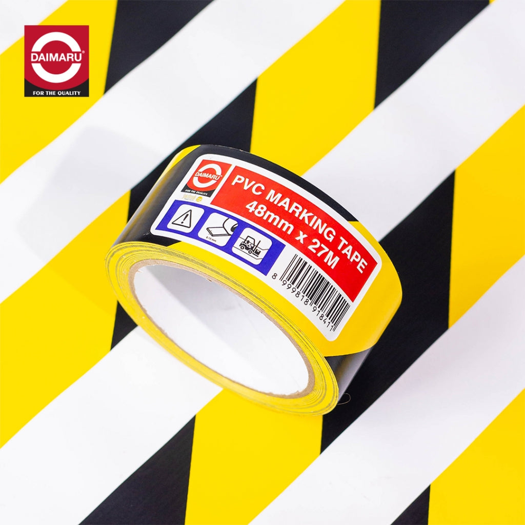 Daimaru  Floor Marking Tape PVC Yellow Black Stripe Lakban Penanda Lantai Hitam Kuning Bergaris 48mm x 27M Hazard