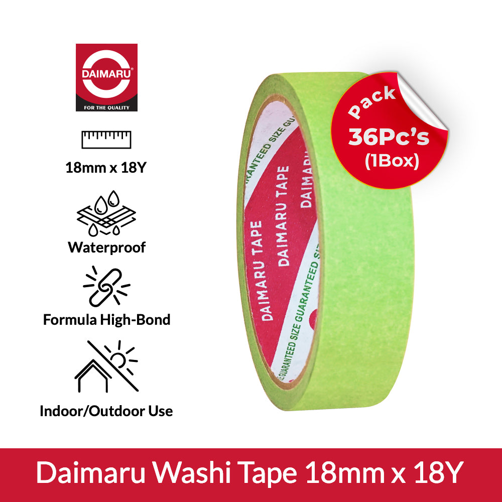 Daimaru Masking Tape Premium Washi Hijau 18 mm x 18 Yard (36 Pcs/1 Box) Untuk Finishing Cat & Dekorasi