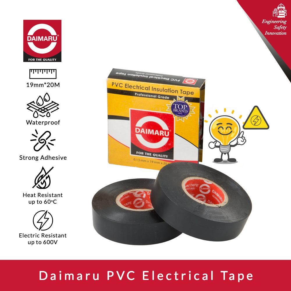 Daimaru PVC insulation tape HITAM 19mm x 20M Isolasi Listrik Kabel Heavy Duty Premium 600V Tahan Panas 80°C Tebal 0.13mm