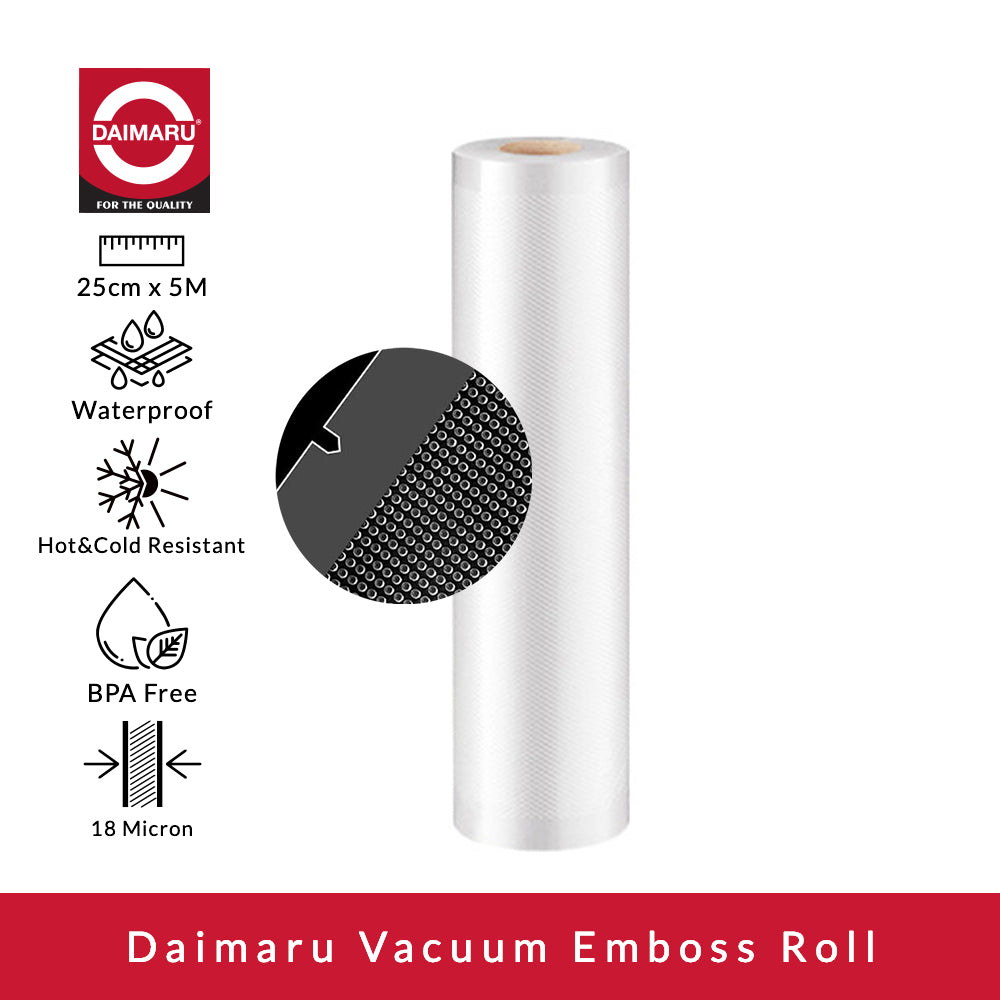 Daimaru Plastik Vacuum Embossed Sealer Roll 12,15,17,20,25,28,30cmx5M Tebal 95 Mic BPA Free Anti Toxic untuk Makanan Kering & Moist