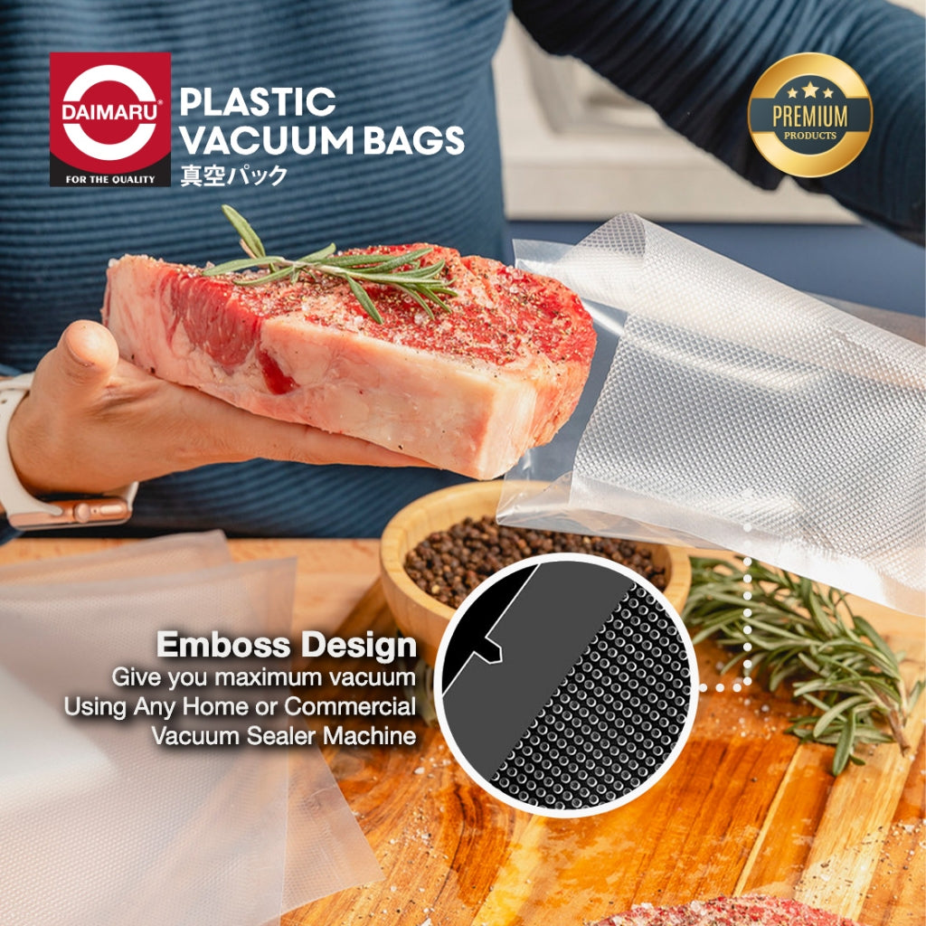 Daimaru Plastik Vacuum Sealer Embossed 10x15cm/25x30cm/25x30CM 100 Lembar Tebal 95 Mic BPA Free Makanan Kering & Moist