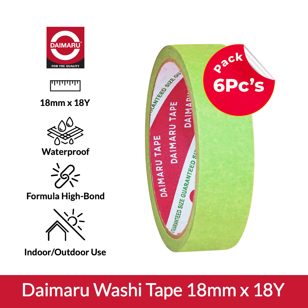Daimaru Masking Tape Premium Washi Hijau 18mm x 18Y 6 pcs Untuk Finishing Cat & Dekorasi Lem Kuat Tidak Merusak Permukaan