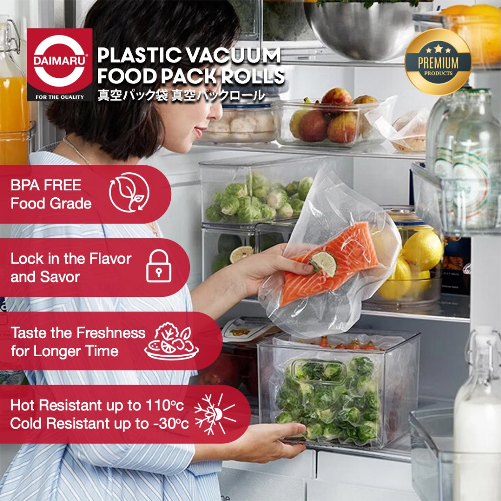 Daimaru Plastik Vacuum Embossed Sealer Roll 12,15,17,20,25,28,30cmx5M Tebal 95 Mic BPA Free Anti Toxic untuk Makanan Kering & Moist